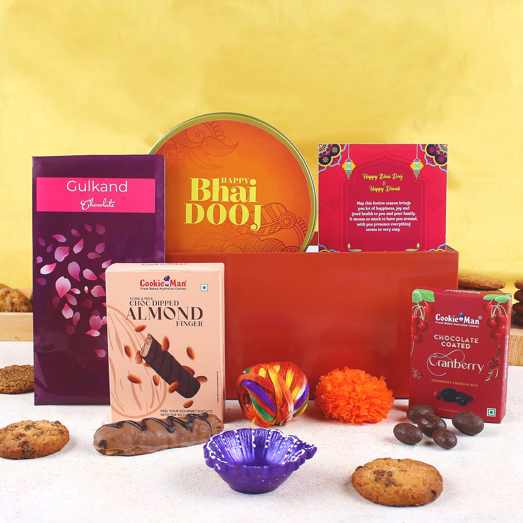 Bhai Dooj Premium Gift Set Hamper | Diya with Cookies Tin & Chocolates ...